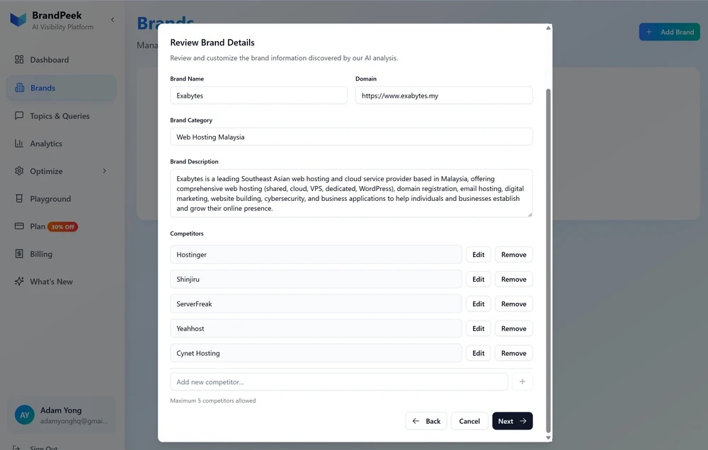 AI returns brand category and detail for setup in BrandPeek