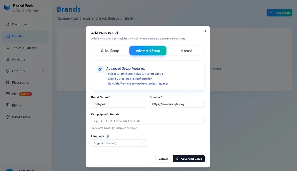Start brand setup wizard in BrandPeek