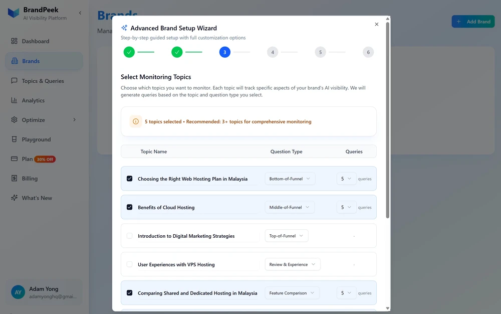 Confirming topic tracking in BrandPeek