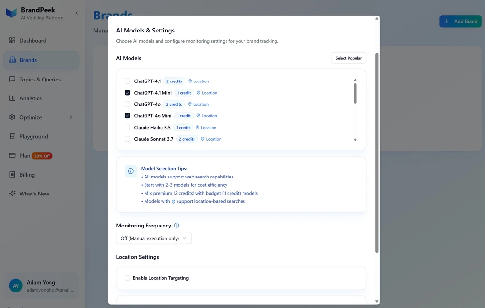 Select AI model to track in BrandPeek