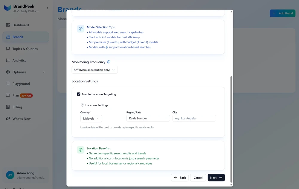 Select target location to track in BrandPeek