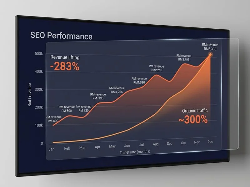 SEO performance dashboard showing 283% revenue growth for a Malaysian business