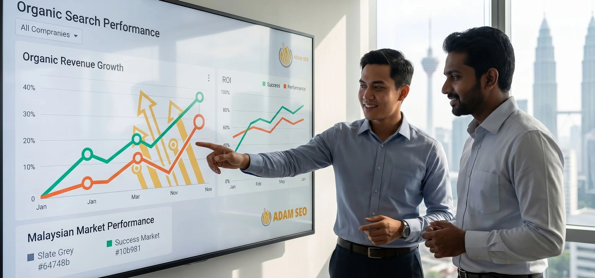 Adam SEO consultant reviewing Google organic traffic and revenue dashboard at Mont Kiara office, Kuala Lumpur