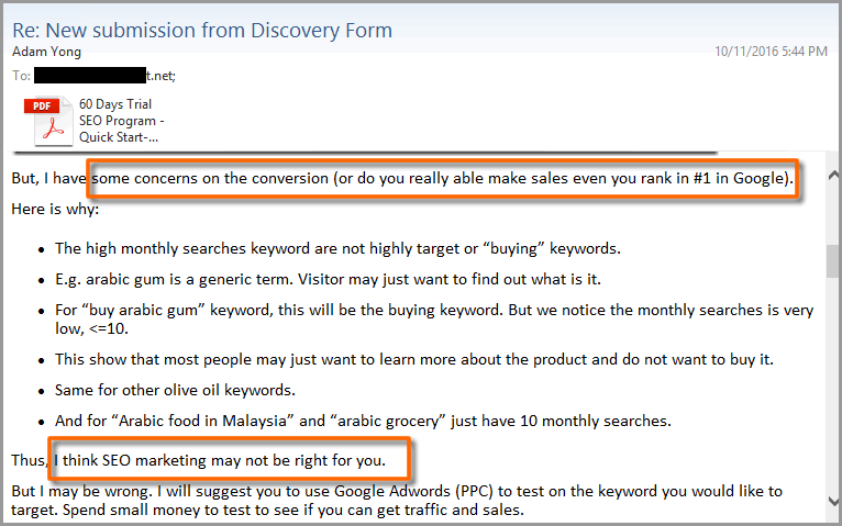 email reject client on seo marketing
