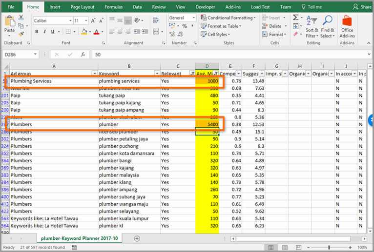 List keywords in excel file